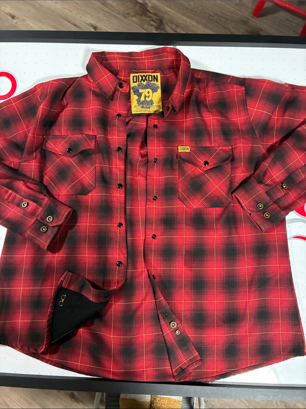Dixxon J&P Cycles Red, Black & Gold Plaid Flannel Shirt